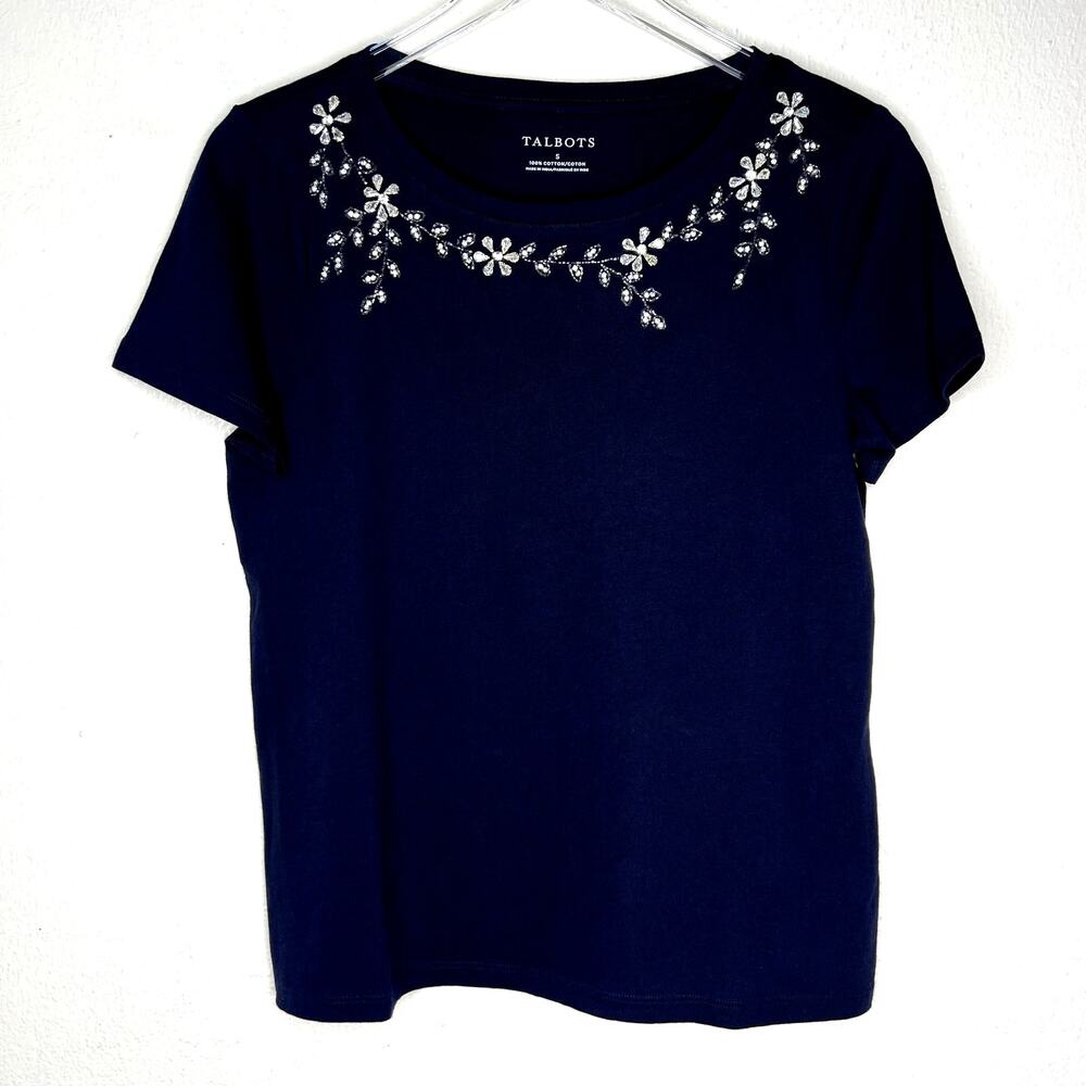 Talbots 100% Cotton Navy Blue Short Sleeve Tee Top Floral Crystal Beaded SMALL